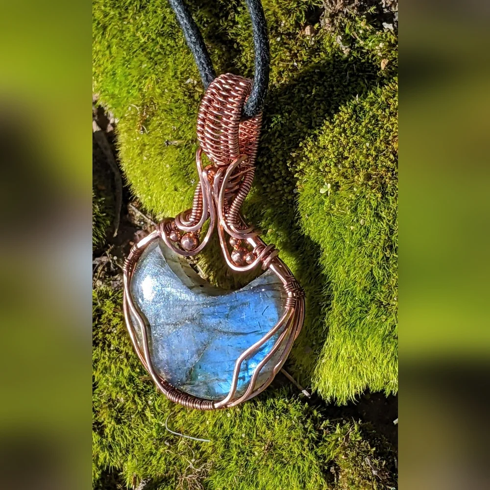 Ethereal Moon Pendant-Artisan-Blue Labradorite Gemstone-Copper Wire Wrap - Picture 1 of 17